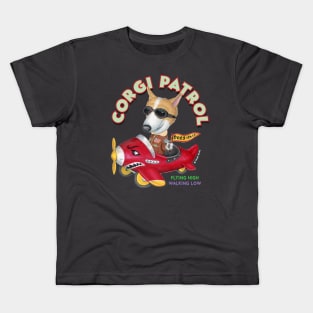 Cute flying Welsh Corgi Dog in a classic Plane on Corgi in A Plane Kids T-Shirt